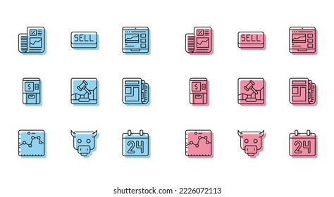 Set line Browser with growth graph, Bull market, Business finance report, Calendar, Online internet auction, Stock news, ATM and money and Sell button icon. Vector