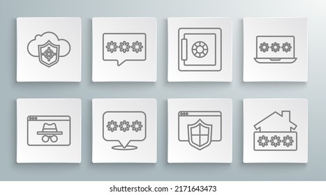 Set line Browser incognito window, Password protection, with shield, House password, Safe, Laptop and Cloud and icon. Vector