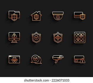 Set line Browser incognito window, Check mark speech bubble, Document folder protection, Security camera, Credit card, Shield with check, Graphic password and  icon. Vector