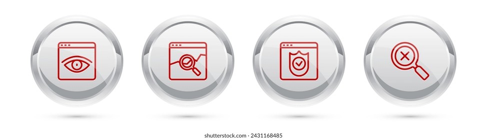 Ventana de incógnito del navegador, sitio web con el mercado de valores, el escudo y la lupa y eliminar. Botón de círculo plateado. Vector