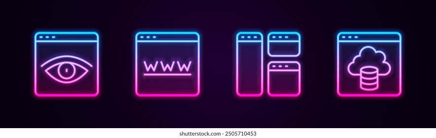 Establecer línea Navegador de incógnito ventana, y transferencia de datos de la tecnología de la nube. Icono de neón brillante. Vector