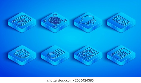 Set line Browser incognito window, Fingerprint, Internet of things, Firewall, security wall, Shield with brick, Smartphone,  and System bug icon. Vector