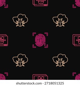 Set line Browser incognito window, System bug on a cloud and Fingerprint on seamless pattern. Vector