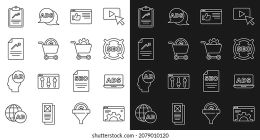 Set line Browser setting, Advertising, SEO optimization, window, Shopping cart and dollar, Document with graph chart, Clipboard and  icon. Vector