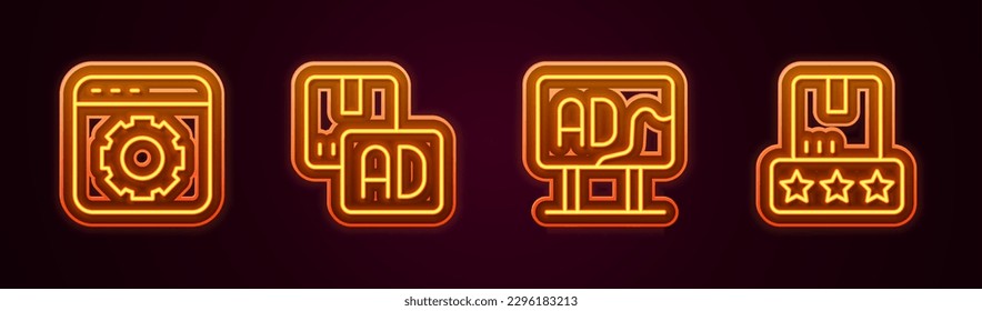 Set line Browser setting, Advertising,  and Consumer product rating. Glowing neon icon. Vector