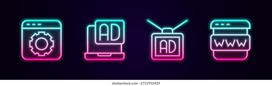 Zeile Browsereinstellung, Werbung und Fenster festlegen. Leuchtendes Neonsymbol. Vektorgrafik