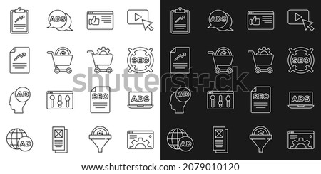 Set line Browser setting, Advertising, SEO optimization, window, Shopping cart and dollar, Document with graph chart, Clipboard and  icon. Vector