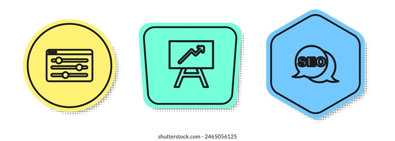 Set line Browser setting, Board with graph chart and SEO optimization. Colored shapes. Vector