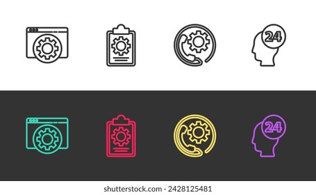 Set line Browser setting, Checklist with 24 hours service, Telephone support and Support operator touch on black and white. Vector