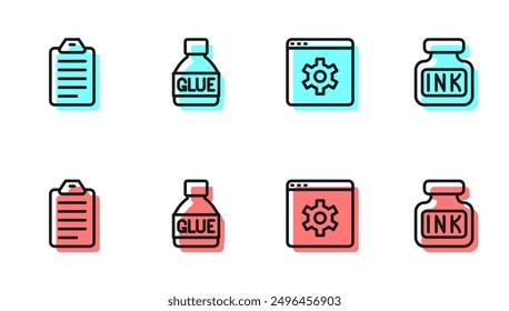 Set line Browser setting, To do list or planning, Glue and Inkwell icon. Vector