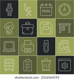 Set line Browser setting, Document with graph chart, Office desk, Calendar, Briefcase, Cloud database, Wrist watch and Floppy disk icon. Vector