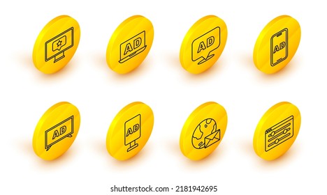 Set line Browser setting, Earth globe with mail, Advertising,  and Monitor star icon. Vector