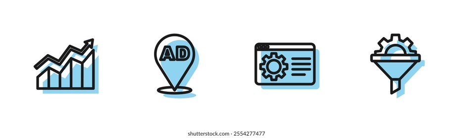 Set line Browser setting, Financial growth increase, Advertising and Sales funnel with gear icon. Vector