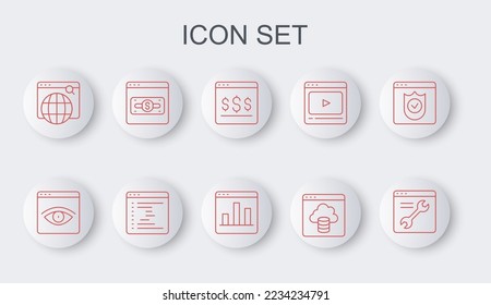 Set line Browser setting, incognito window, Online shopping on screen, Cloud technology data transfer, Search engine,  and Graph chart infographic icon. Vector