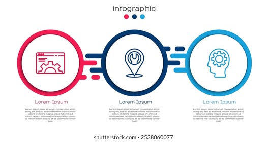 Ajuste del navegador, Locación con llave inglesa y engranaje de cabeza humana en el interior. Plantilla de infografía de negocios. Vector