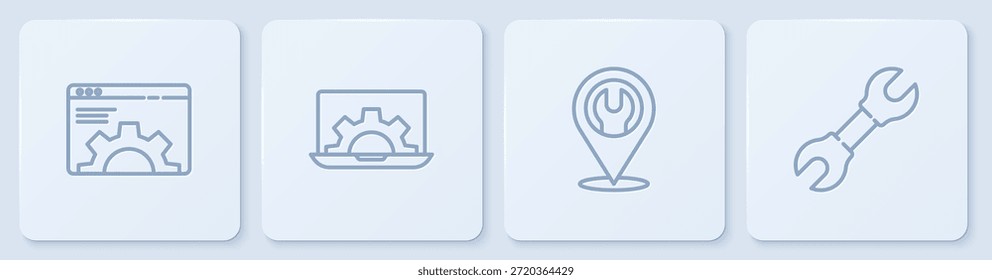 Ajuste de línea del navegador, Locación con llave inglesa, portátil y engranaje y llave inglesa. Botón cuadrado blanco. Vector