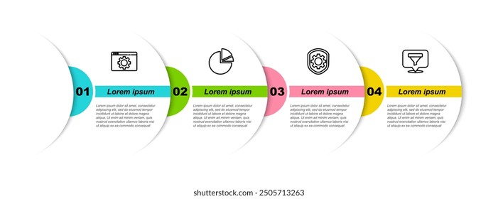 Set line Browser setting, Pie chart infographic, Shield with settings gear and Location sales funnel. Business infographic template. Vector