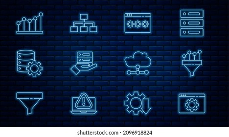 Set line Browser setting, Sales funnel with chart, Password protection, Server, Data, Web Hosting, and gear, Pie infographic, Network cloud connection and Hierarchy organogram icon. Vector