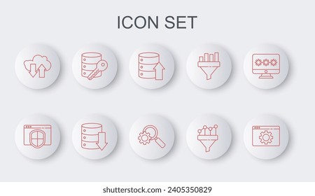 Set line Browser setting, with shield, Server, Data, Web Hosting, Sales funnel chart, Cloud download and upload, security key,  and Magnifying glass gear icon. Vector