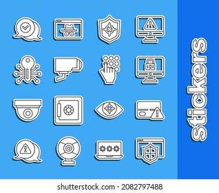 Set line Browser with shield, Credit card, Lock on monitor, Shield, Security camera, Smart key, Check mark in speech bubble and Password protection icon. Vector