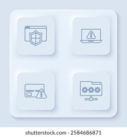 Set line Browser with shield, Laptop exclamation mark, Credit card and Folder password. White square button. Vector