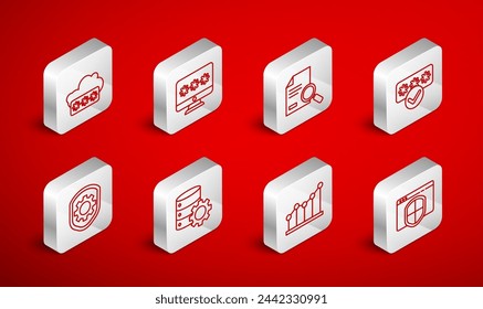 Set line Browser with shield, Monitor password, Document search, Password protection, Pie chart infographic, Server and gear and Shield settings icon. Vector
