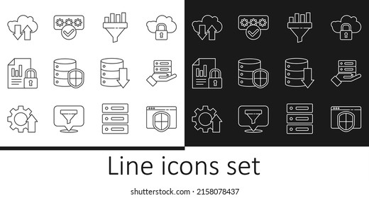 Set line Browser with shield, Server, Data, Web Hosting, Sales funnel chart, Document and lock, Cloud download upload,  and Password protection icon. Vector