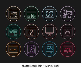 Set line Browser with shield, Server, Data, Web Hosting, Programming language syntax, Python programming, setting, Software, Computer monitor screen and Debugging icon. Vector