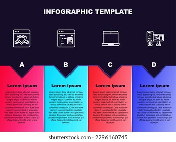 Set line Browser with shield, Software, Laptop and Computer monitor screen. Business infographic template. Vector