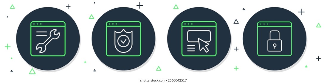 Set line Browser with shield, UI or UX design, setting and Secure your site HTTPS, SSL icon. Vector