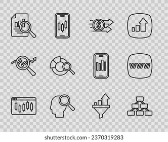 Set line Browser with stocks market, Hierarchy organogram, Financial growth dollar, Search people, Document graph chart, data analysis, Sales funnel and Website template icon. Vector