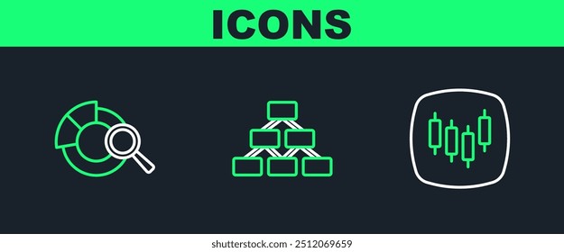 Set line Browser with stocks market, Search data analysis and Hierarchy organogram icon. Vector