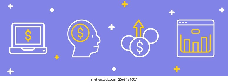 Set line Browser with stocks market, Financial growth dollar, Business man planning mind and Laptop icon. Vector