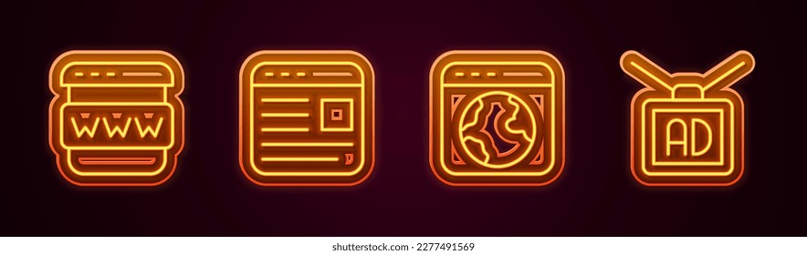 Set line Browser window, Advertising, Worldwide and . Glowing neon icon. Vector