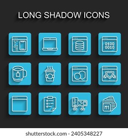 Set line Browser window, Clipboard with checklist, Software, Computer monitor screen, Processor, Coffee cup go, shield and  icon. Vector