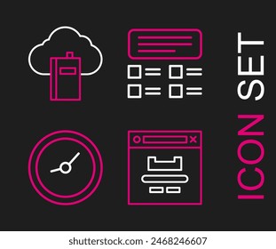 Set line Browser window, Clock, Online quiz, test, survey and Cloud or online library icon. Vector