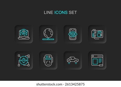 Set line Browser window, Fantastic flying car, Artificial intelligence robot, Blockchain technology Bitcoin, Motherboard, Computer vision, Global and  icon. Vector
