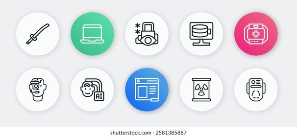 Set line Browser window, First aid kit, Smart glasses on spectacles, Radioactive waste barrel, Cloud database, Cyber security, Artificial intelligence robot and Humanoid icon. Vector