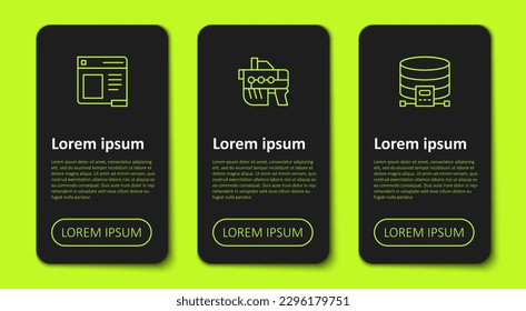 Set line Browser window, Futuristic weapon and Cloud database. Business infographic template. Vector