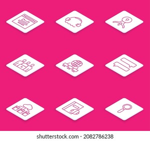 Set line Browser window, Headphones, Web camera, Online class, Computer network, Speech bubble chat, Cloud online library and Audio book icon. Vector