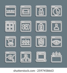 Set line Browser window, incognito, Create account screen, Secure your site with HTTPS, SSL, SEO optimization, files,  and Online shopping icon. Vector