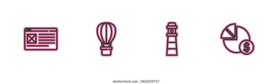 Set line Browser window, Lighthouse, Hot air balloon and Pie chart and dollar icon. Vector