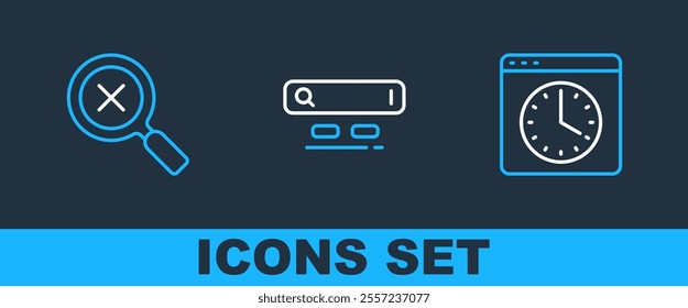 Set line Browser window, Magnifying glass and delete and Search engine icon. Vector