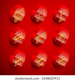 Set line Browser window, Megaphone, Location marker, Website template, Lead management, Advertising and Social media marketing icon. Vector