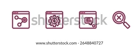 Set line Browser window, New chat messages notification, setting and Magnifying glass and delete icon. Vector