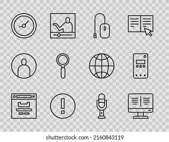 Set line Browser window, Online book on monitor, Computer mouse, Information, Clock, Magnifying glass, Microphone and Mobile icon. Vector