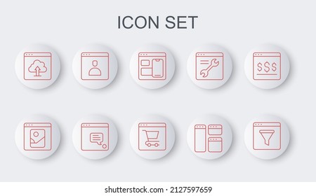 Set line Browser window, Photo retouching, Web developer programming code, Cloud upload, Create account screen, New chat messages notification and Online shopping icon. Vector