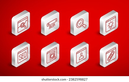 Set line Browser window, Search engine, Magnifying glass with check mark, Create account screen, Website stocks market,  and SEO optimization icon. Vector