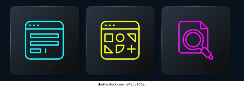 Set line Browser window, Search concept with folder and Different files. Black square button. Vector