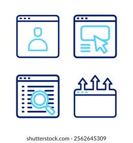 Set line Browser window, Search engine, UI or UX design and Create account screen icon. Vector